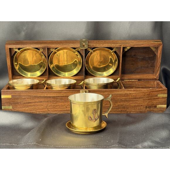 Captain’s Brass Anchor Cup & Saucer Set Nautical Gift in Wood Case Box - Picture 1 of 11